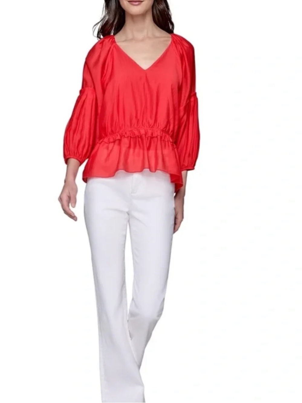 Karl Lagerfeld Paris Red V-Neck Peasant Blouse 🆕